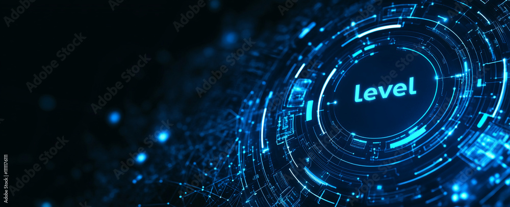 Poster Digital design showcasing a futuristic level indicator with glowing blue patterns in a dark background