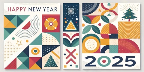Obraz premium Creative concept of Happy New Year 2025 cards set. Modern abstract art design with geometric shapes. Templates for celebration, ads, branding, banner, cover, label, poster, sales