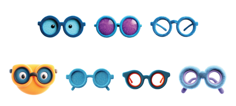 Pack Fuzzy felt eyeglasses set against transparent background for fashion accessories or playful illustrations - Powered by Adobe