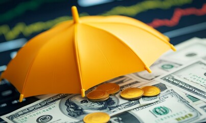 Financial protection concept with yellow umbrella, coins, and dollar bills on stock market background.