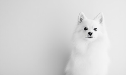 Obraz premium Fluffy Japanese white spitz posing against a pristine white background, perfect for pet photography or breeds showcase