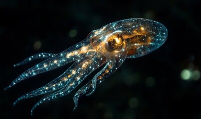 Obraz premium Futuristic glowing squid-like creature with transparent skin, floating in darkness, highlighting its otherworldly presence.