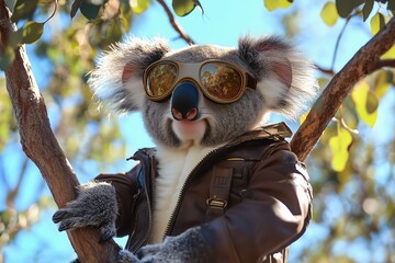 Fototapeta premium Koala with aviator goggles enjoying the view from a tree