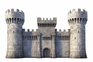 Stone castle, two towers, arched gate.