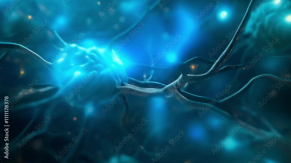 Poster Glowing neuron transmitting signals in nervous system, neural network, brain function, synapse, neurotransmitters, nerve cells, electrical impulses, and biological processes
