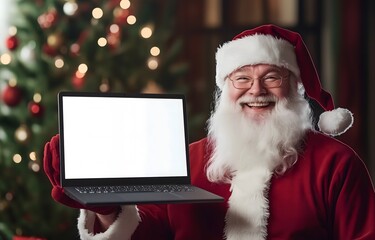 A smiling santa claus holding up an open.