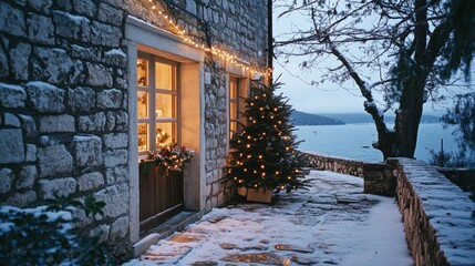Charming stone house on Croatian coast with Christmas tree, snow-dusted pathway, glowing festive lights, and Adriatic Sea view framed by trees and rustic walls.