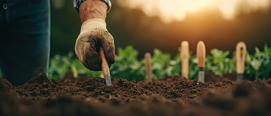 Gardener planting seeds in fertile soil during sunset, showcasing dedication and care for nature