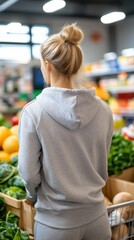 Obraz premium A female shopper in a gray tracksuit explores fresh vegetable options in a grocery aisle, emphasizing healthy eating and contemporary lifestyle choices.