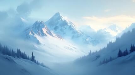 Fototapeta premium Misty Mountain Range with Snow-Covered Peaks and Evergreen Trees