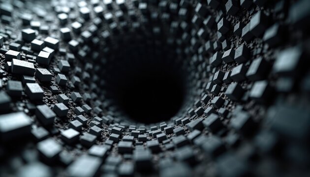 Abstract futuristic tech background. Complex 3d shapes form tunnel structure. Perspective, texture create depth effect. Dark gray cubes packed closely. Tunnel leads to dark void. Image evokes sense