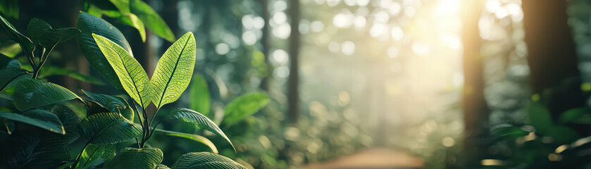 Obraz premium Lush green leaves in serene forest with soft sunlight filtering through trees, creating peaceful atmosphere