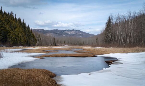 Late winter landscape transitioning to spring in Bromont, showcasing melting snow and budding flora.