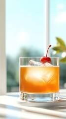 A sun-drenched orange cocktail in a clear glass with a cherry on top, surrounded by ice; a refreshing drink perfect for warm, sunny days and outdoor settings.