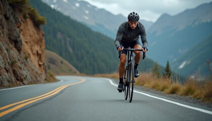 Fototapeta premium Man rides bicycle down winding mountain road. He leans into turns with focused expression. Mountain landscape visible in background. A scenic summer day. Bicyclist enjoys outdoor activity.