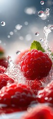 Ripe raspberries surrounded by cascading water droplets creating a splash effect, emphasizing vivid freshness and dynamic movement in a striking composition.