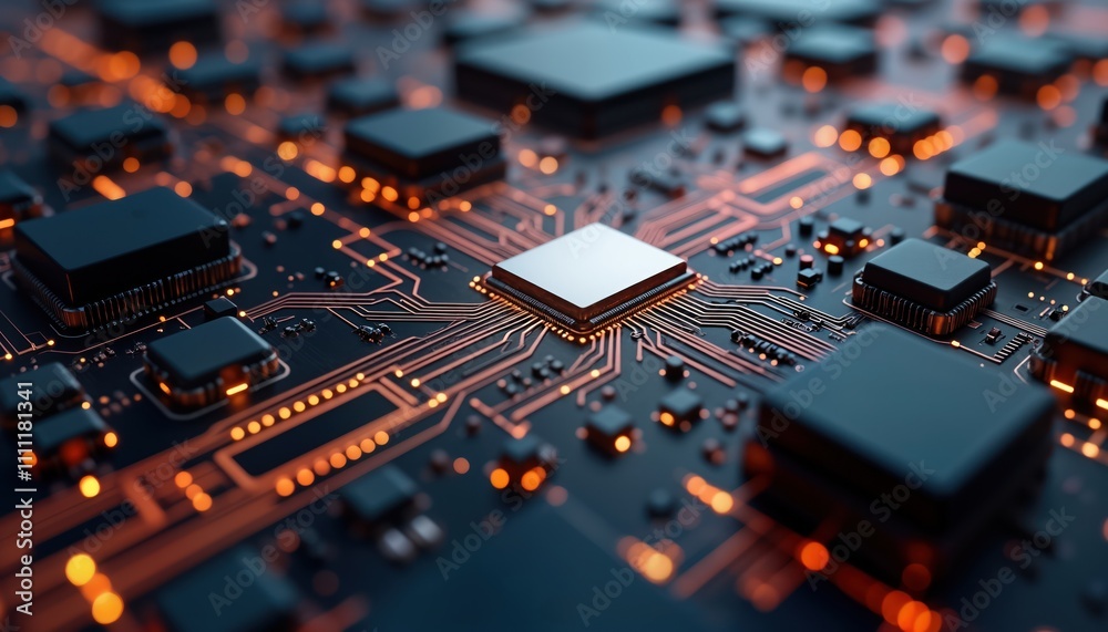 Fototapete Close-up view of complex 3d tech circuit board. Orange glowing lines connect dark square components. Futuristic graphic design with ai theme. Modern design for tech background. Modern tech pattern.