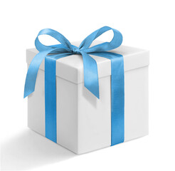 White gift box with blue ribbon and bow on a white background