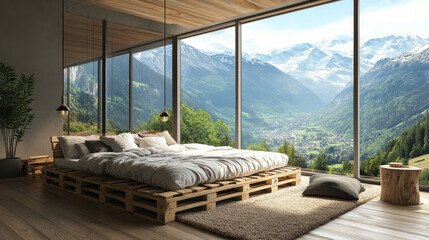 A 3D illustration of a spacious panoramic bedroom with large windows offering stunning views of a...