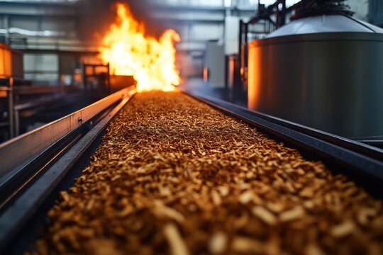 Conveyor belt carries chopped wood towards pyrolysis reactor. Thermal decomposition process creates biochar. Industrial setting shows eco-friendly biomass processing. Factory setting. Biofuel