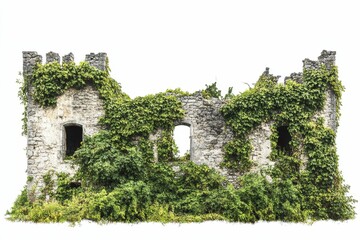 Overgrown stone ruins, ivy-covered walls, nature reclaiming.