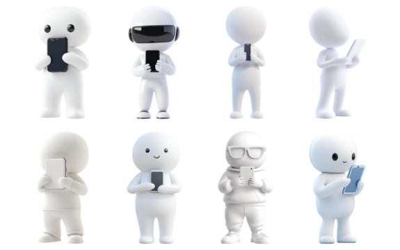 Pack White Character Using a Phone set against transparent background for Communication