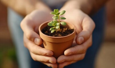 Hands gently holding a small potted plant, symbolizing growth, care, and sustainability.