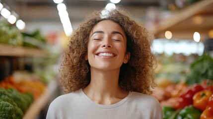 In a bustling grocery setting, a relaxed woman with curly hair takes a moment to peacefully smell the fresh produce, symbolizing contentment and sensory delight in daily life.