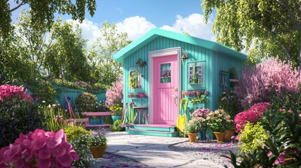 Fototapeta premium Whimsical Y2K-Inspired Garden Shed with Colorful Tools and Playful Decor Surrounded by Bright Flowers in a Fun Outdoor Workspace