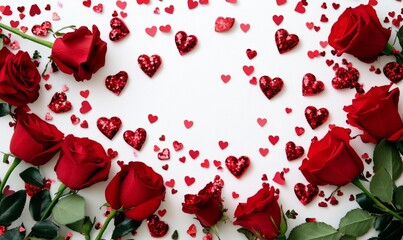 Red roses, paper hearts, and glitter scattered on a white surface with ribbon accents. Romantic or Valentine's Day decoration concept.
