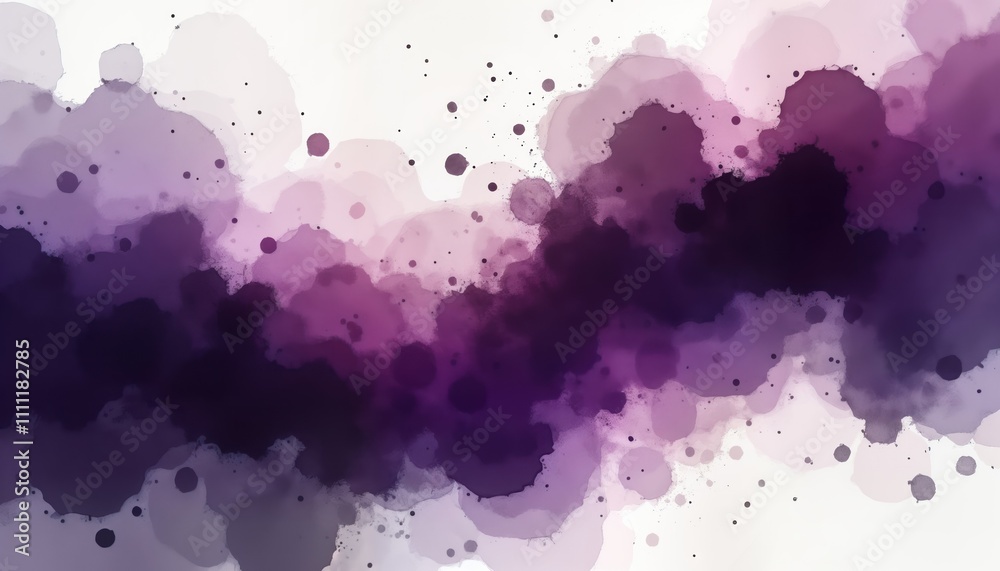 Poster Abstract watercolor painting. Dark purple, white colours create dynamic texture. Soft brushstrokes, splashes form unique pattern. Modern artistic style. Ideal for wallpaper design elements. Use in