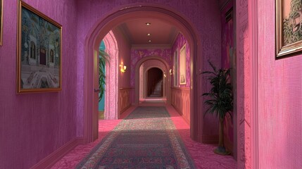Fototapeta premium Vibrant Y2K-Inspired Stylish Hallway Leading to Character-Filled Rooms in Ultra-Detailed Photorealistic Image