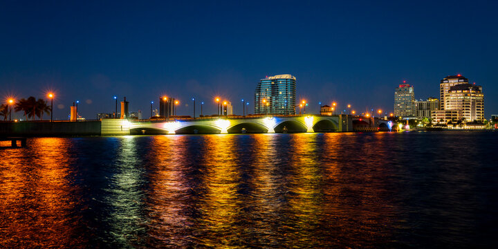 West Palm Beach skyline features Royal Park Draw Bridge, West Palm Beach, Florida at dusk