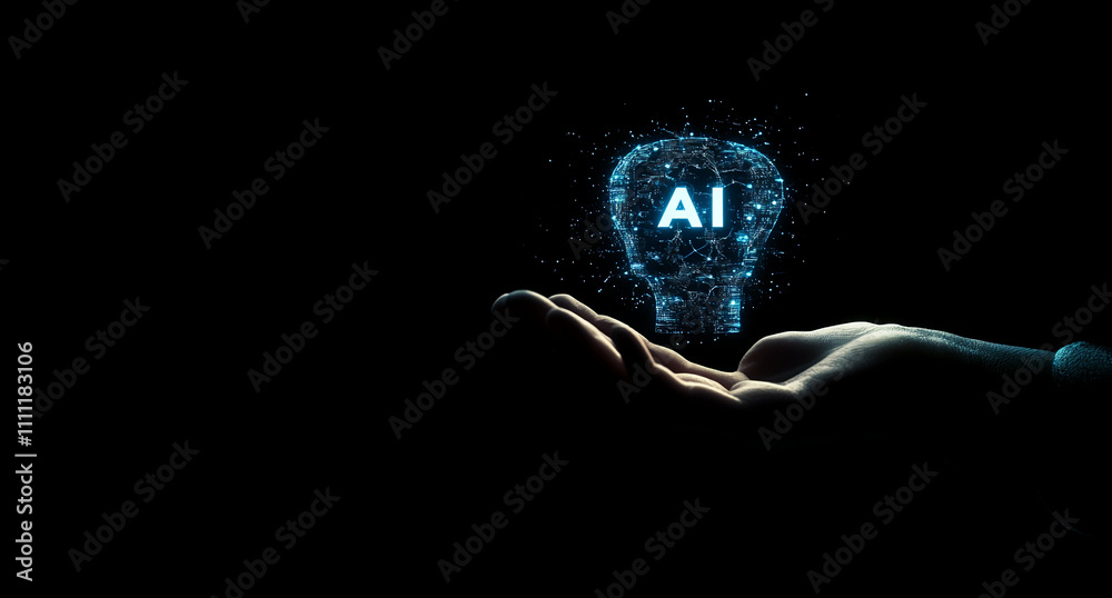 Poster innovative concept of artificial intelligence represented by a glowing skull symbol in a hand agains