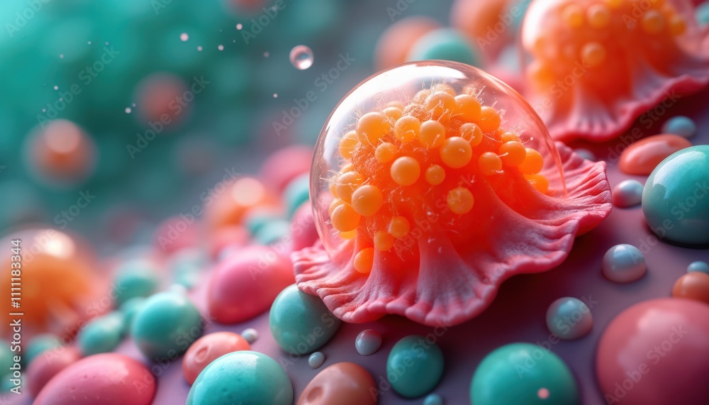Poster Abstract 3D rendering of microscopic amoebas. Colorful micro-organisms shown in stylized way. Abstract shapes in liquid environment. Scientific illustration. High magnification view of cellular