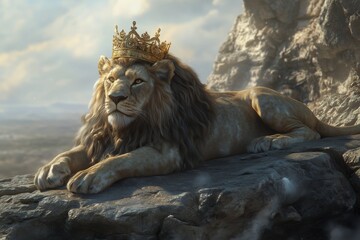 Obraz premium King of beasts, lion with crown in the savannah landscape