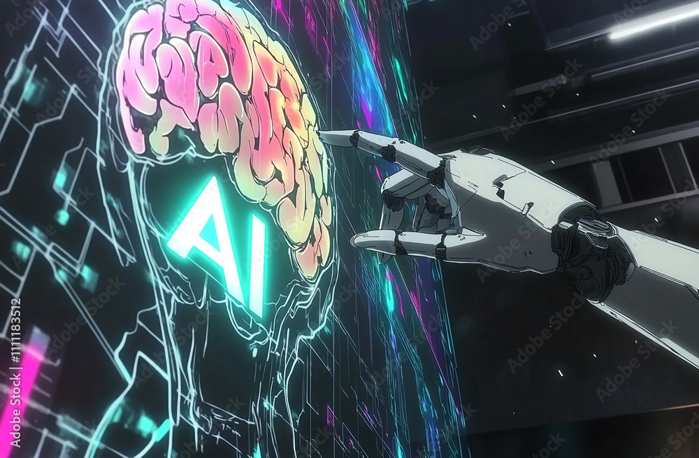 Aufkleber robotic hand interacting with a vibrant digital brain representation in a futuristic environment