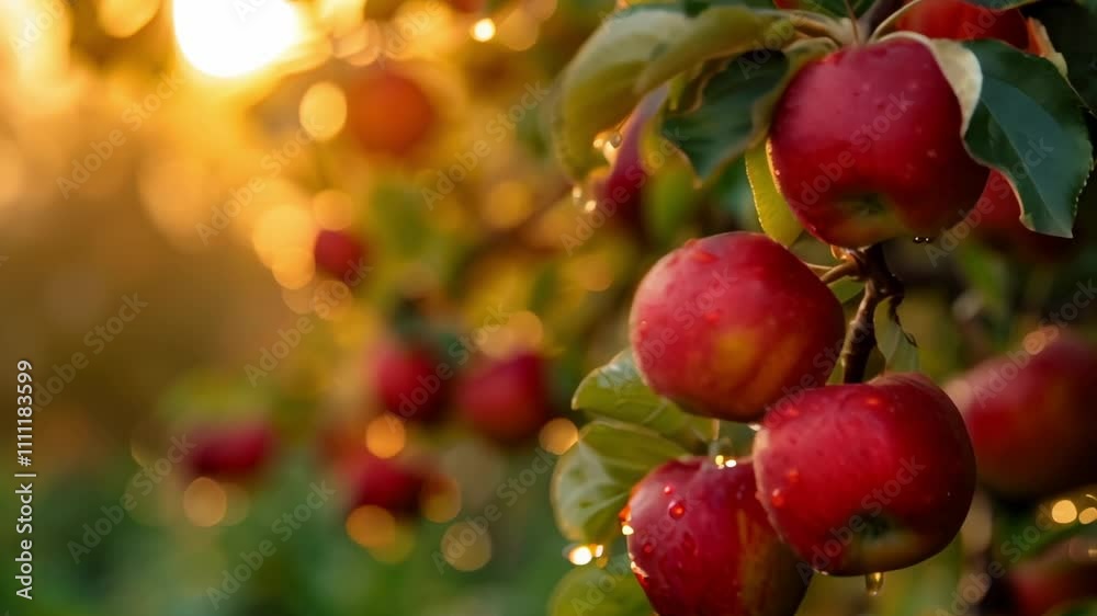 Poster ripe red apples hanging on a branch in an orchard, glistening with water droplets at sunset, creatin