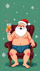 Santa Claus in Underwear with Cocktail on Armchair