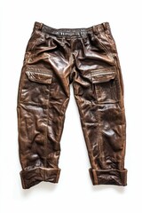 Brown leather pants, cuffed, cargo pockets.