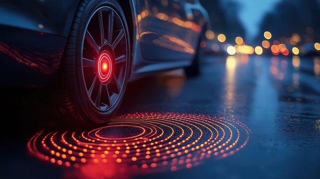 Car equipped with automatic emergency braking system. Sensor lights up. Modern tech for road safety. Night scene. Wet road. City lights blurred in background. Innovation in automotive safety.