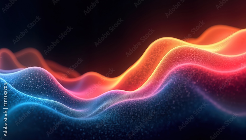 Fototapete Abstract illustration shows glowing waves of vibrant colors. Gradient colors flow, create dynamic motion. Wave patterns resemble energy digital data. Grainy texture adds depth. Design looks like