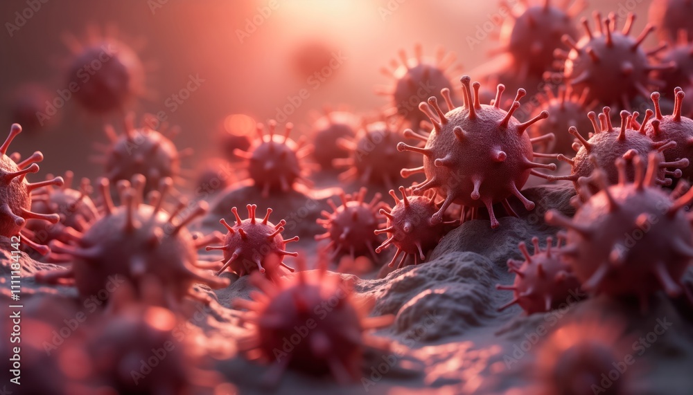 Poster Abstract 3D render of microscopic viruses. Reddish pink virus particles cluster on surface. Scientific illustration virus structure, cellular interactions. Microbiology research photo perfect for