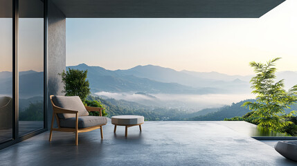 Fototapeta premium A 3D render of a modern loft-style terrace with a breathtaking view of a sea of fog. The polished concrete floor adds an industrial touch, while wooden and fabric chairs provide a comfortable seating