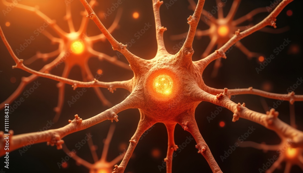 Poster Microscopic view of active nerve cells. Electrical signals glow within cells. Complex network shows brain activity. Neural pathways connect cells. Brain communication highlighted. Illustration