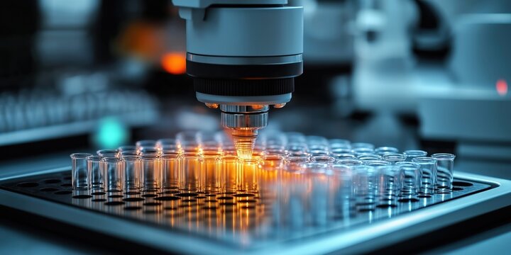 Automated liquid handling robot processes samples in medical lab. High tech equipment handles test tubes precisely. Analysis detects biomarkers for early cancer identification. Lab setting emphasizes