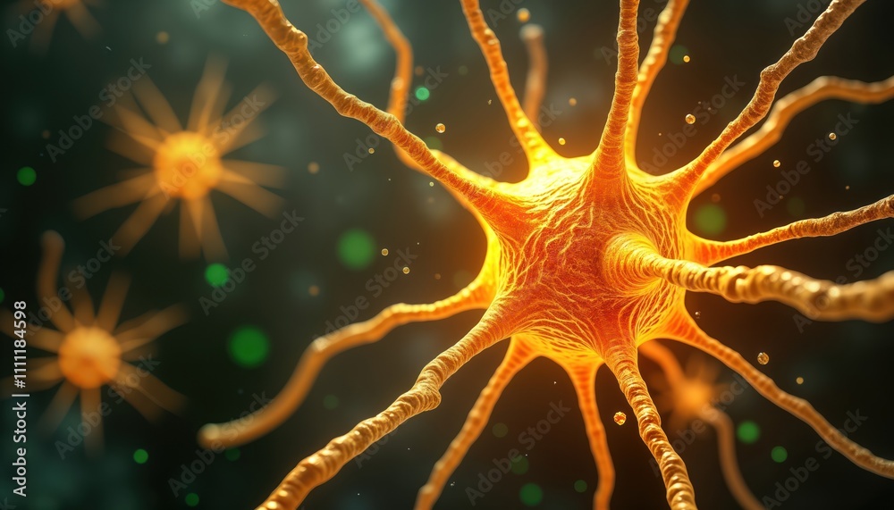 Poster Glowing nerve cells send electrical signals in brain. Neural activity shows complex interconnections. Microscopic view of brain activity. Neurological pathways demonstrate rapid communication between