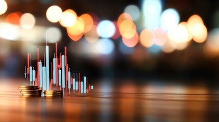 A financial graph with colorful bars overlays a stack of coins resting on a wooden table, symbolizing economic growth and strategic investment planning.