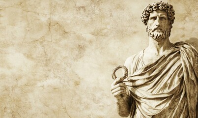 Fototapeta premium Statue of Asclepius Roman artwork 2nd century AD Sepia banner plain background Space for text close up view