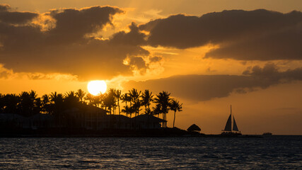 Sunset with palm trees at Key West, Florida on ocean